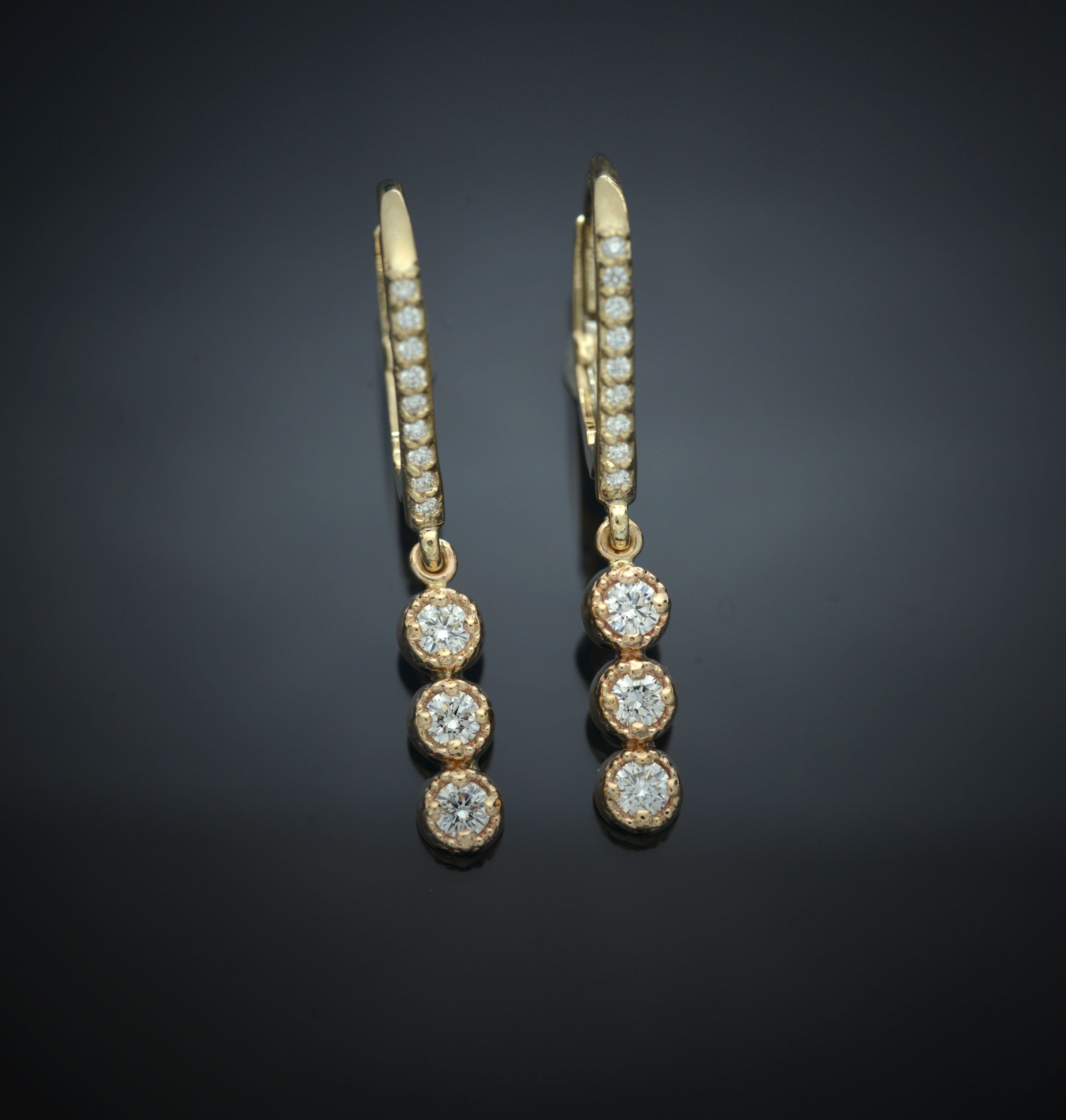 Diamond Lever Back Earrings with Milgrain Bezel Drops