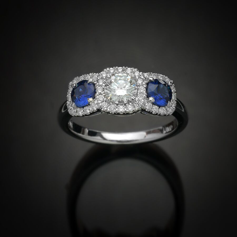 Triple Halo Diamond and Sapphire Ring